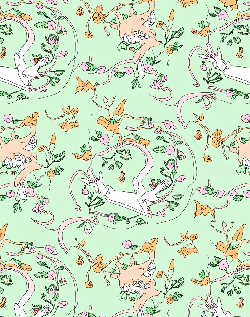 Whimsical White Hare Floral Garden Rug