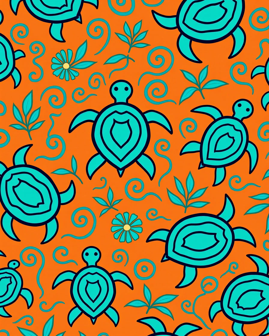 Oceanic Teal Turtle Swirls Orange Rug
