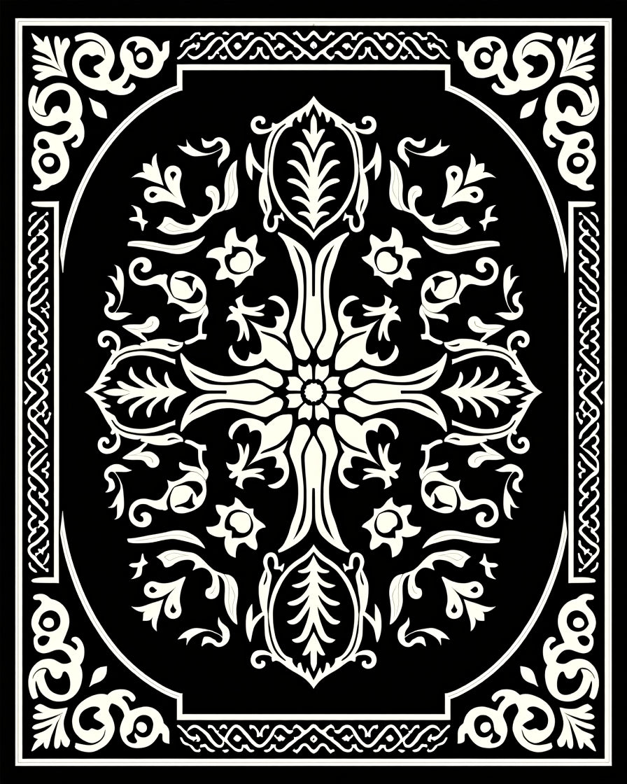 Black and Ivory Ornamental Floral Medallion Rug