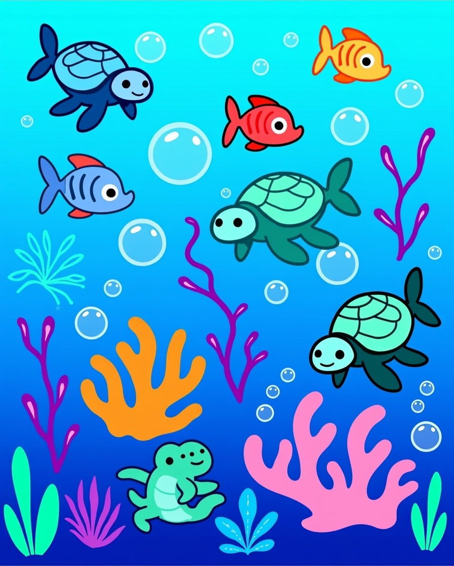Playful underwater turtles and fish scene Rug