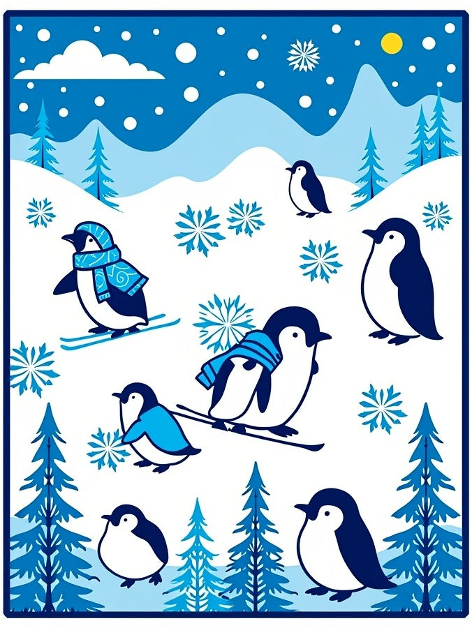 Winter Penguin Ski Scene Blue Accent Rug