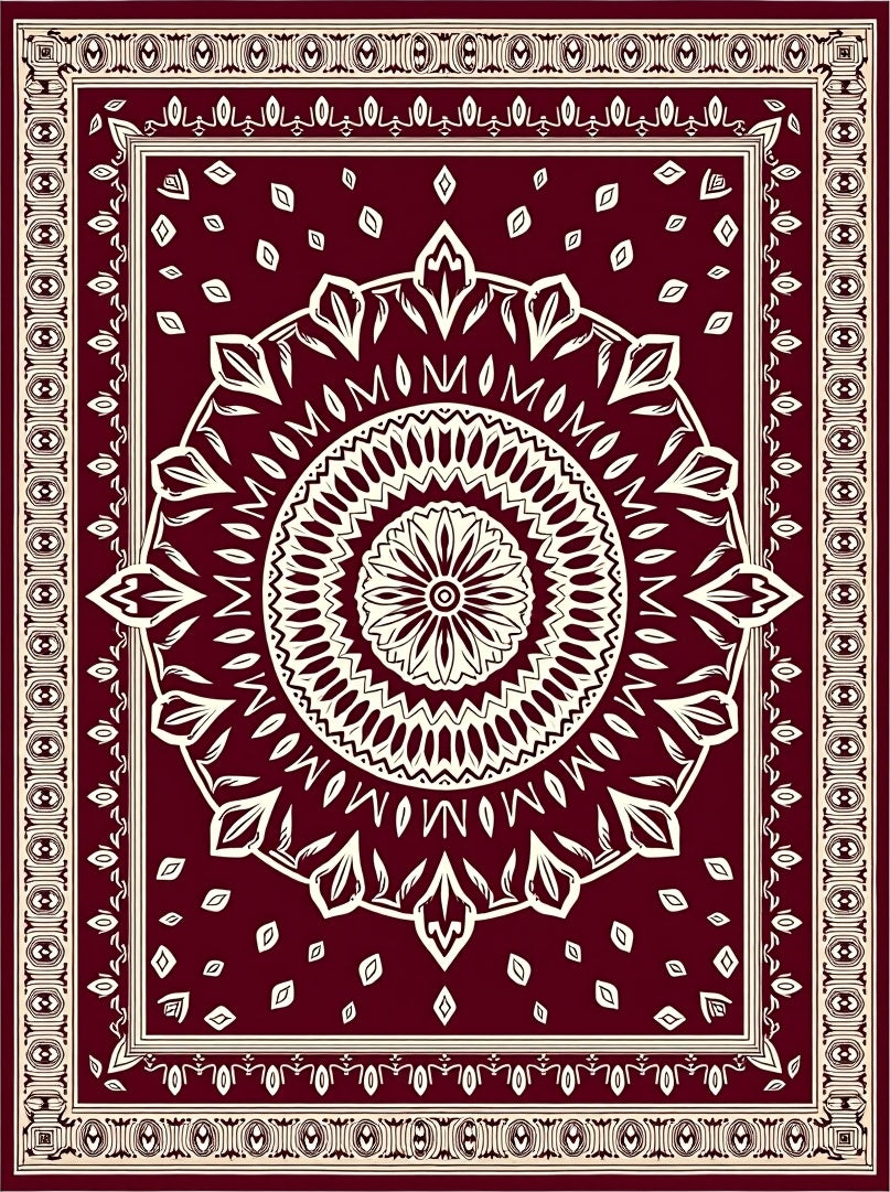 Crimson Cream Mandala Flower Border Rug