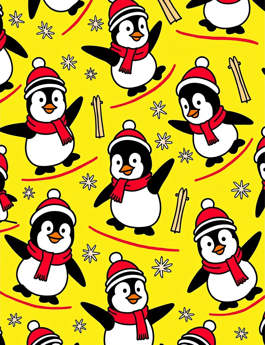 Cute Skiing Penguin Whimsical Yellow Rug