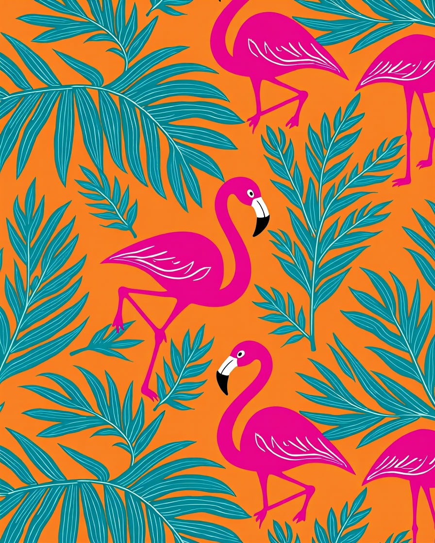 Bright Pink Flamingos Teal Palm Leaves Rug