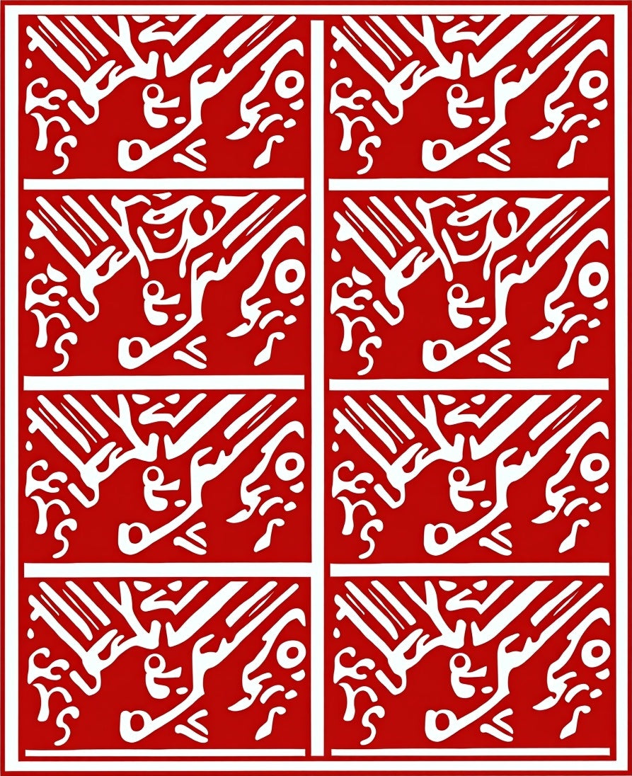 Bold Red White Stylized Hieroglyphics Rug