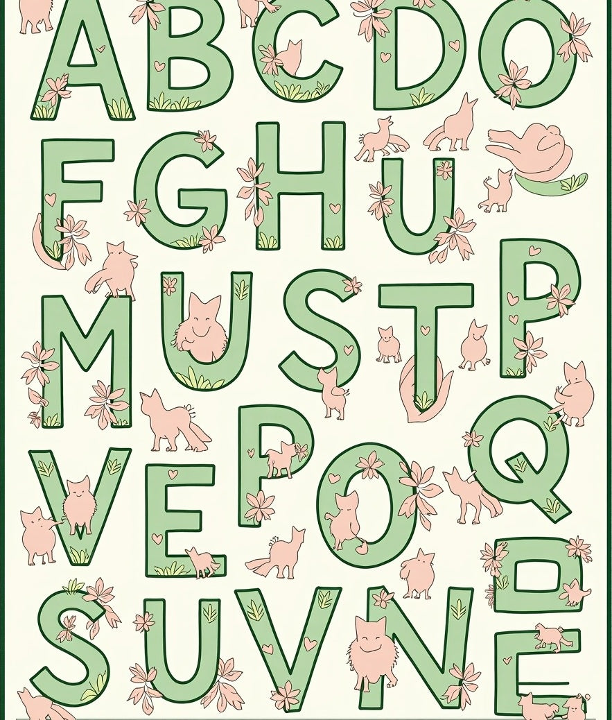 Whimsical Green Alphabet Pink Critters Rug