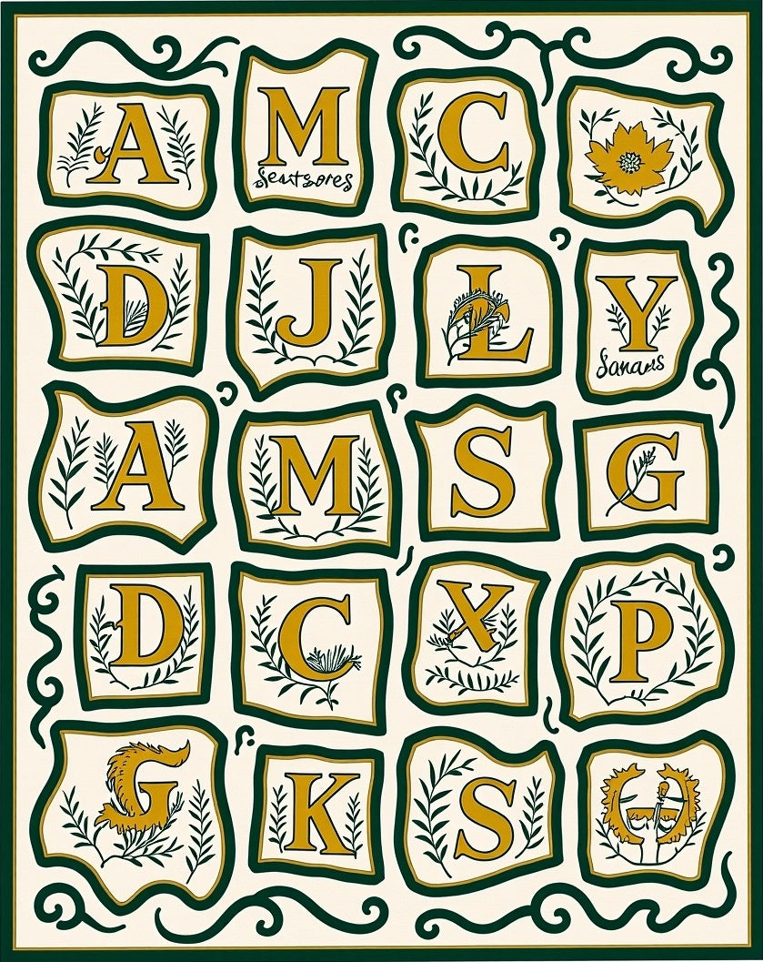 Golden Alphabet Botanical Floral Border Rug