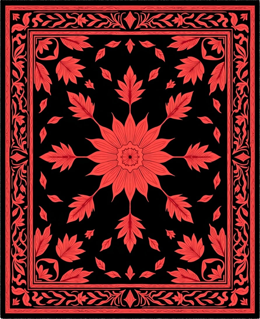 Coral Black Floral Medallion Border Rug