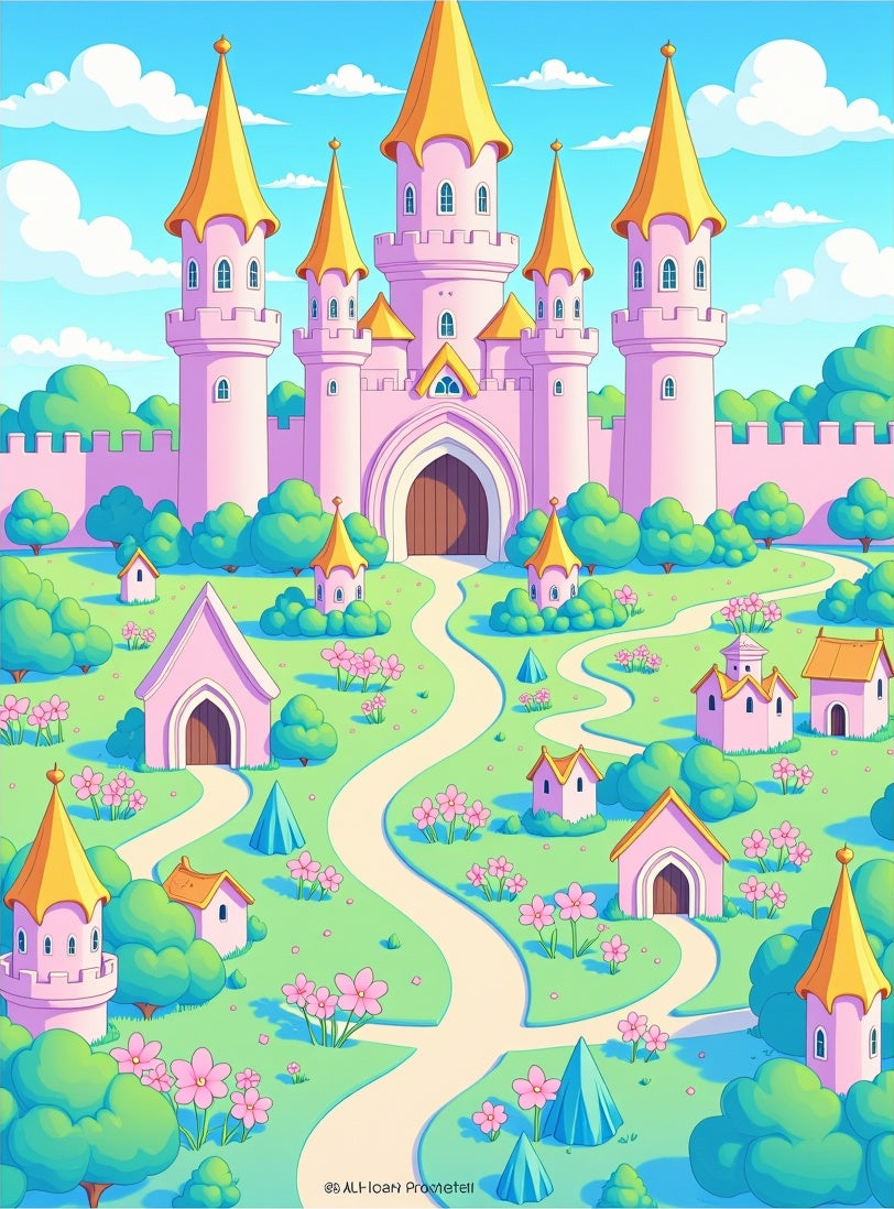 Pink Castle Charming Village Scene Rug