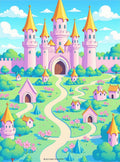 Pink Castle Charming Village Scene Rug