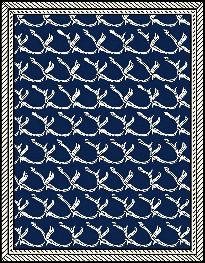 Navy Blue White Floral Vine Repeat Rug