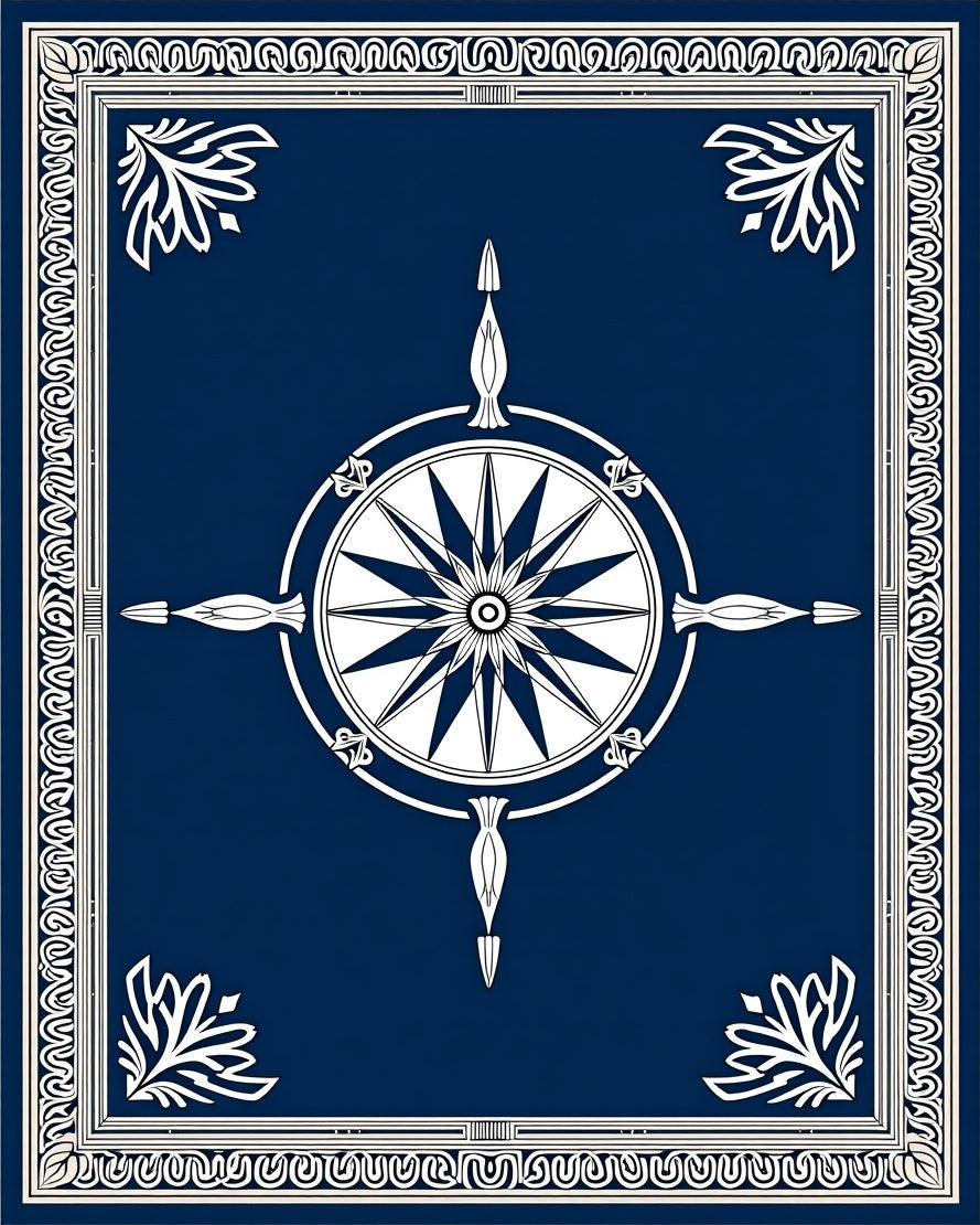 Classic Blue Compass Rose Border Rug
