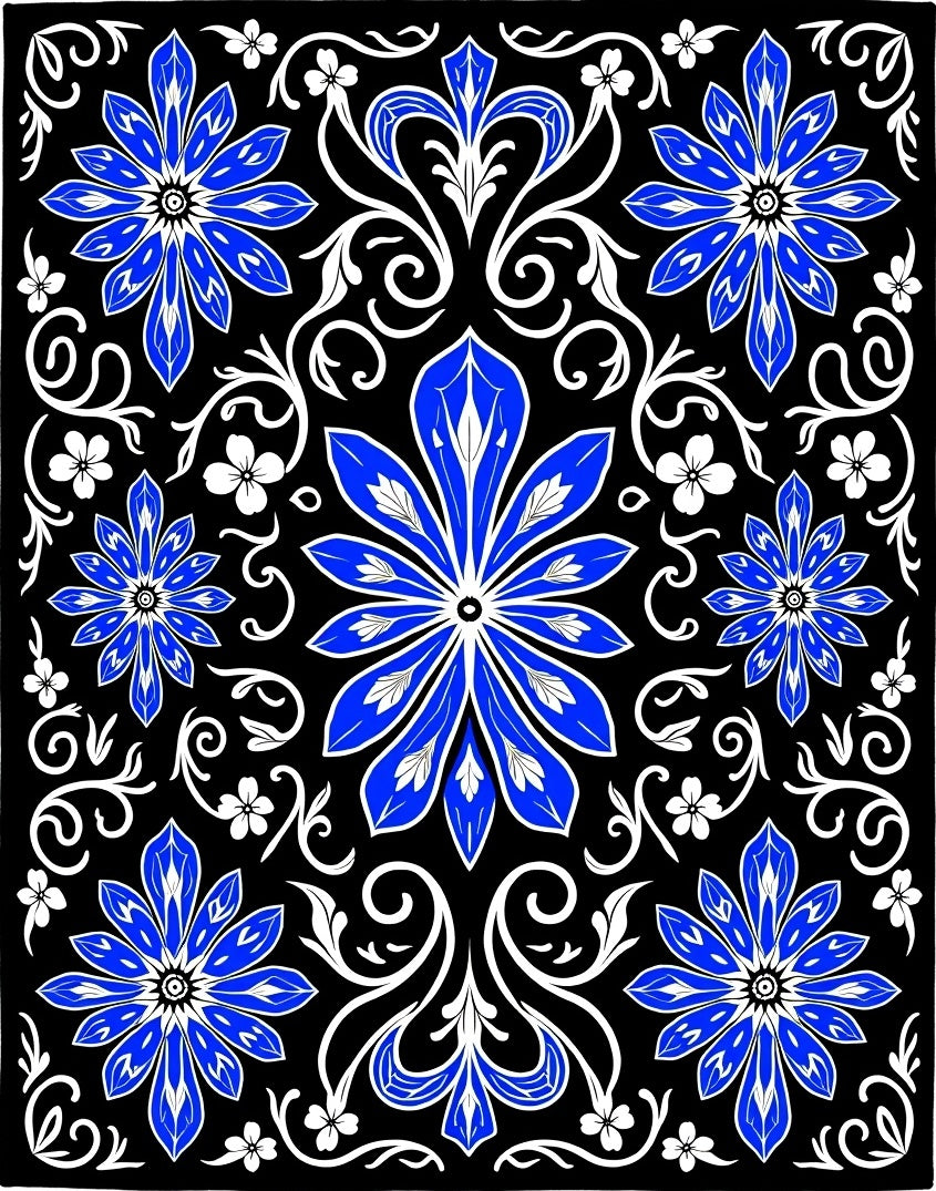 Bold Blue White Floral Mandala Rug