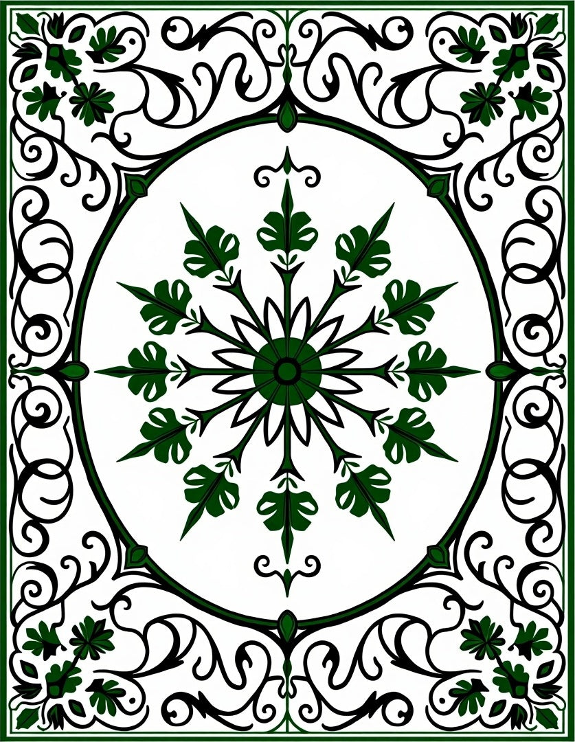 Earthy Forest Green Scrollwork Medallion Rug