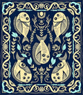 Naval Blue Cream Five Fish Motif Rug