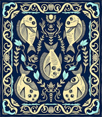 Naval Blue Cream Five Fish Motif Rug