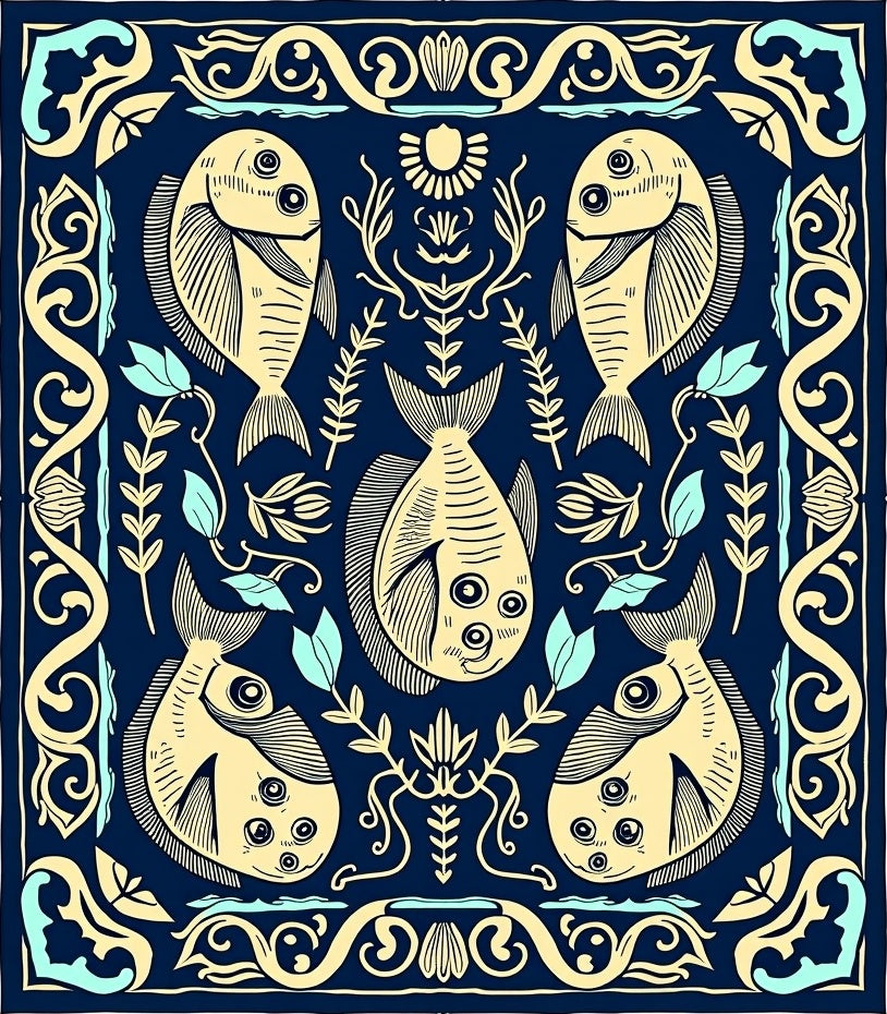 Naval Blue Cream Five Fish Motif Rug