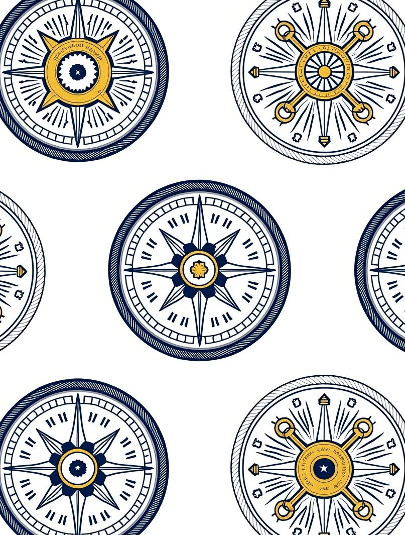 Navy Blue Golden Compass Graphic Rug