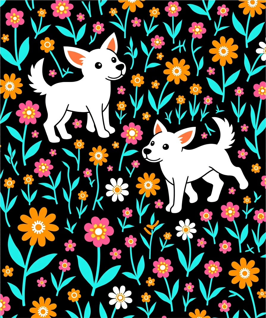 Playful White Dogs Floral Bloom Rug
