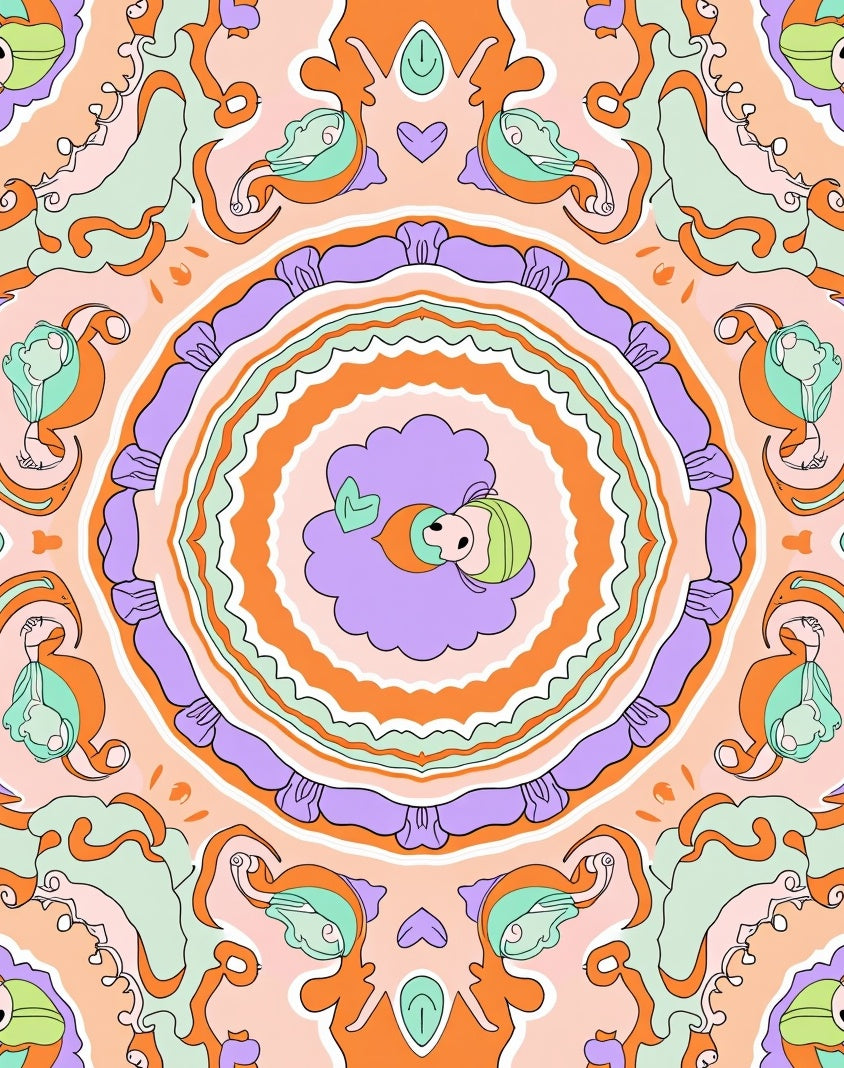 Whimsical Orange Lavender Swirl Medallion Rug