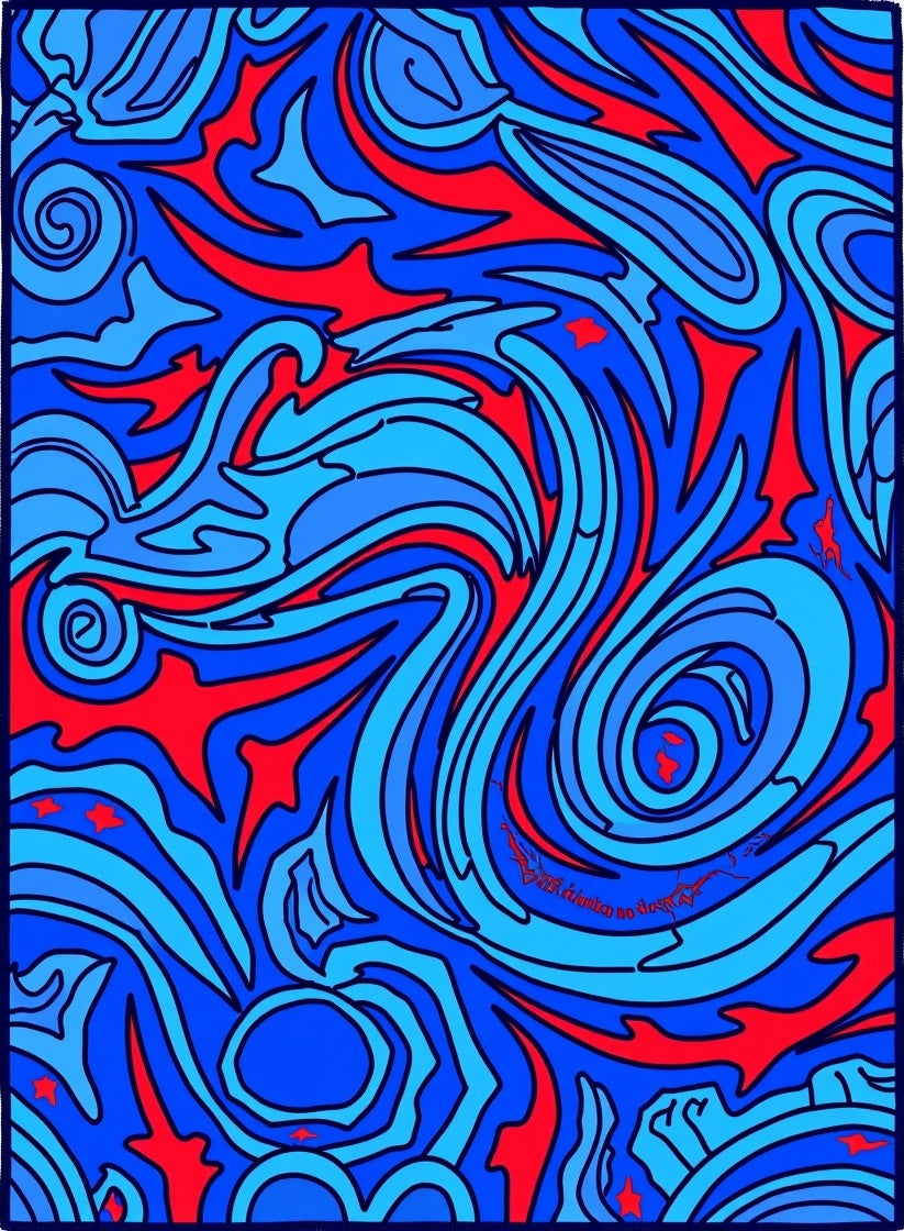 Vibrant Blue Swirl Crimson Abstract Rug