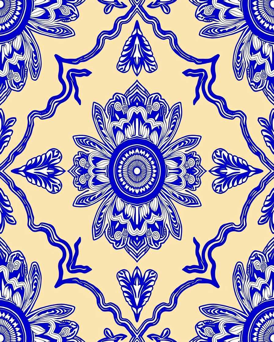 Vibrant Blue Floral Medallion Cream Rug