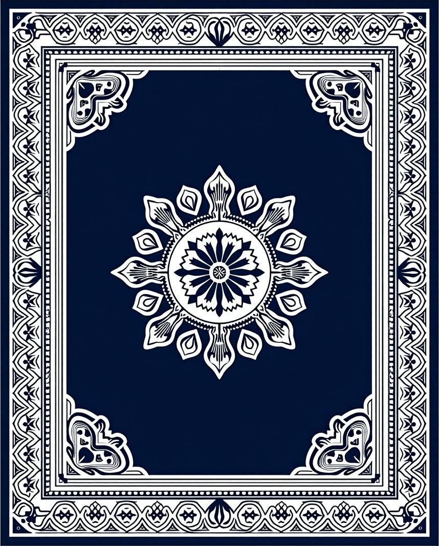 Deep Blue Floral Mandala Border Rug