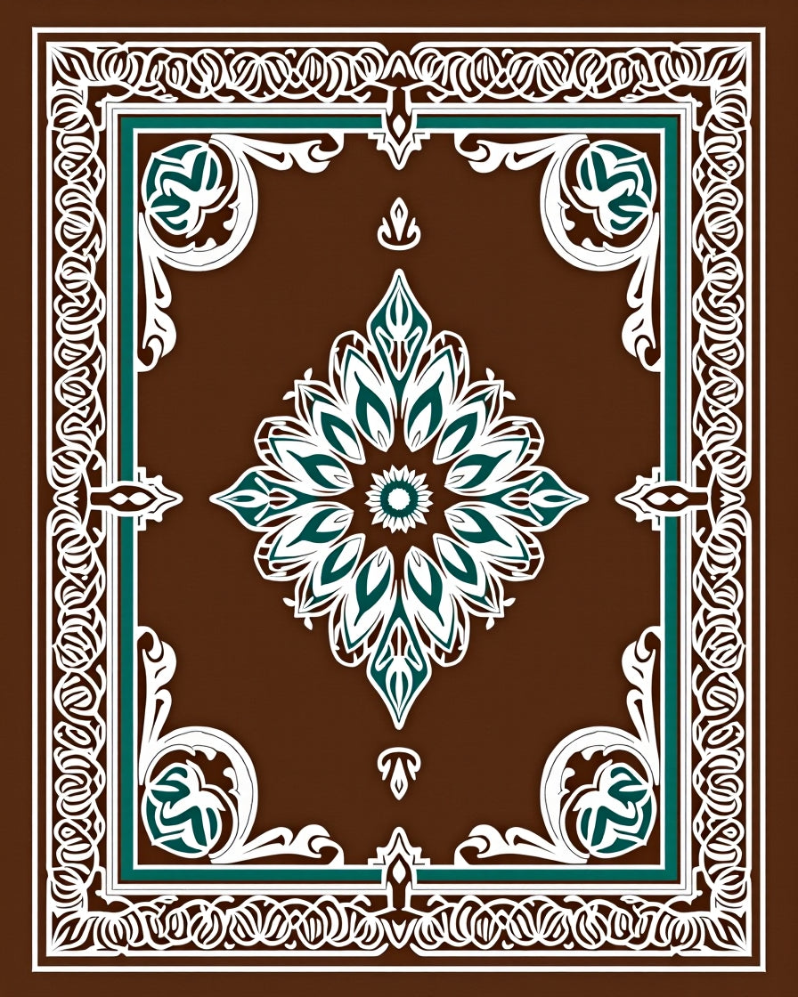 Brown Teal White Floral Medallion Brocade Rug