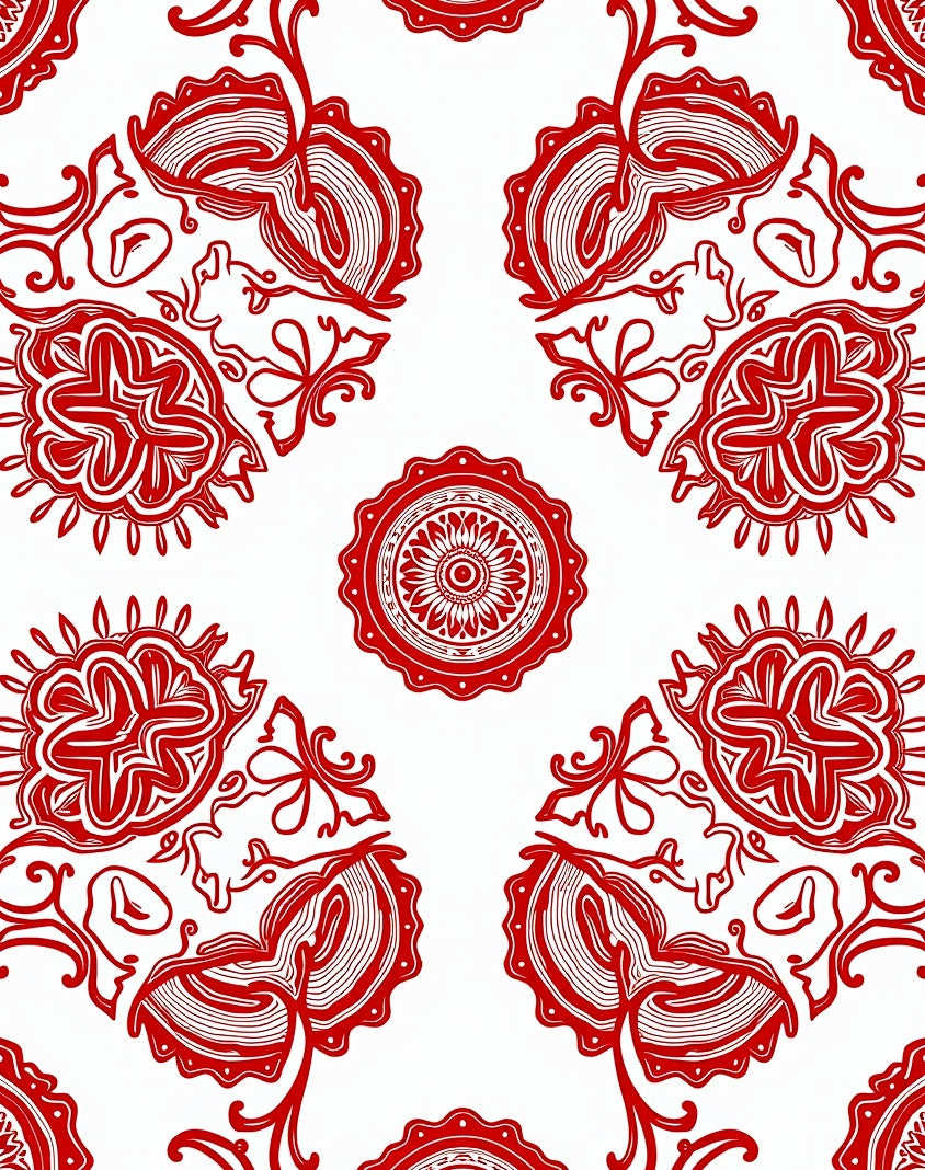 Crimson Abstract Floral Medallion Arrangement Rug
