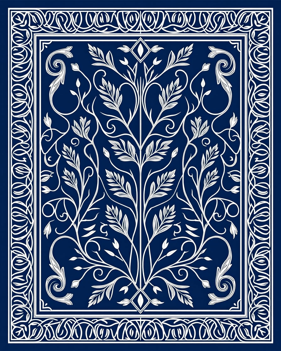 Deep Blue White Floral Tree Border Rug
