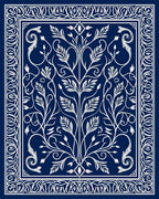Deep Blue White Floral Tree Border Rug