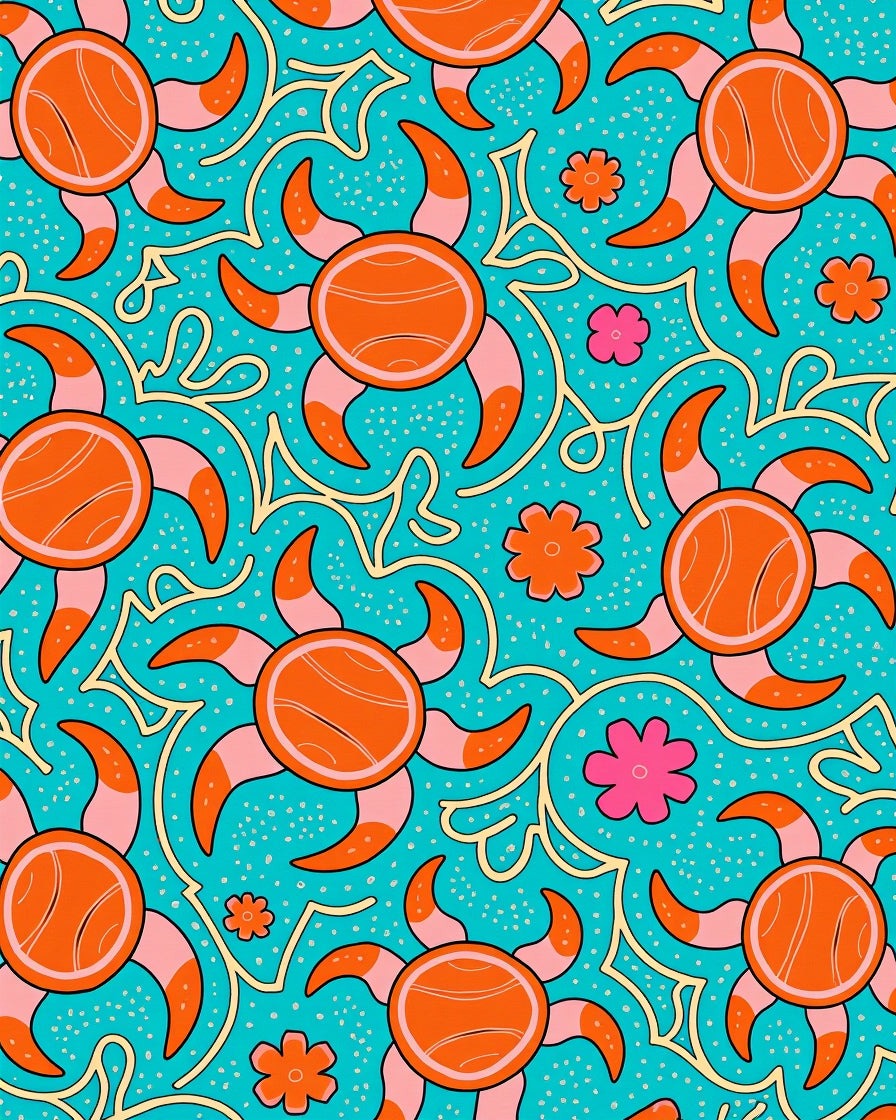 Bright Orange Sunburst Floral Aqua Rug