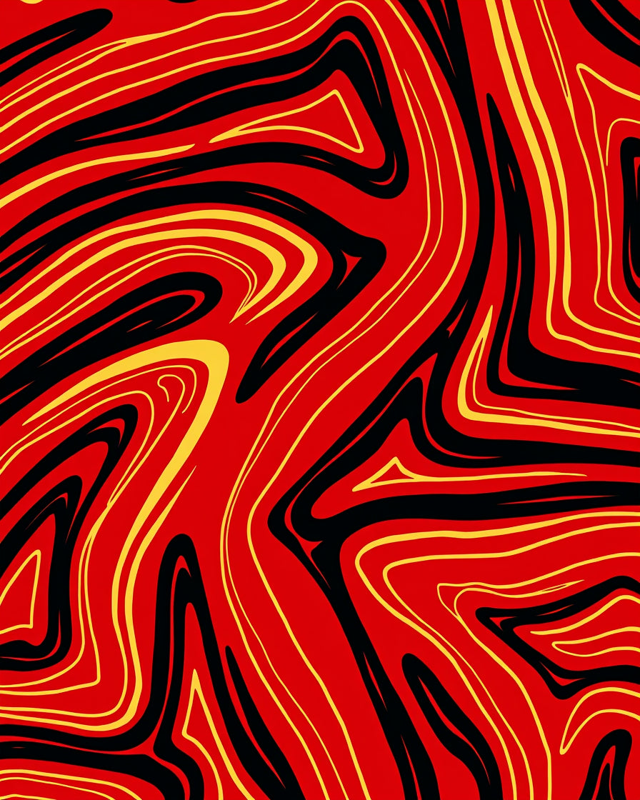 Crimson Yellow Black Swirl Abstract Rug