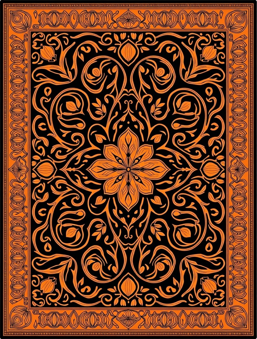 Black Orange Floral Medallion Border Rug