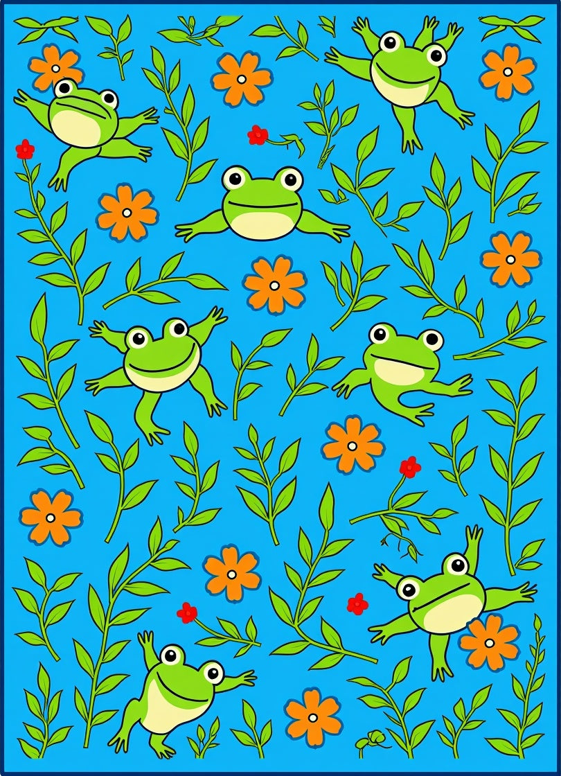Playful Green Frogs Orange Flowers Garden Rug