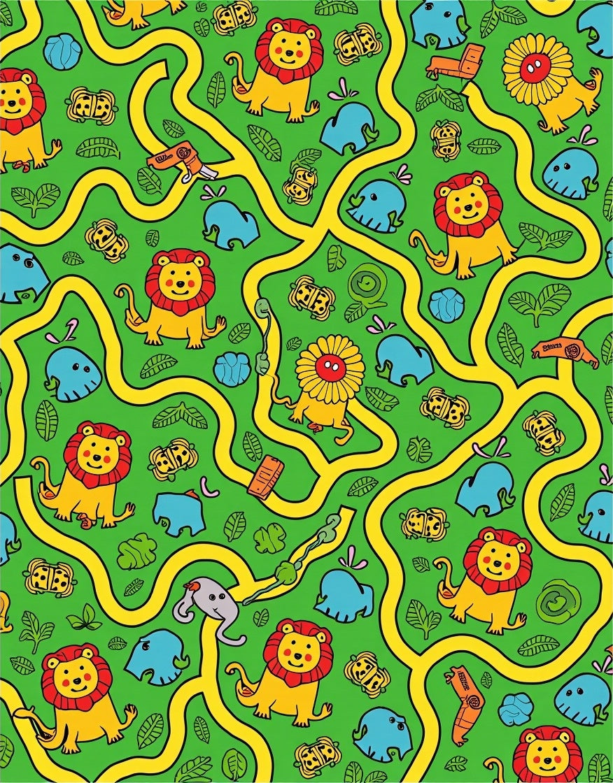 Jungle Safari Playful Lions Elephants Maze Rug