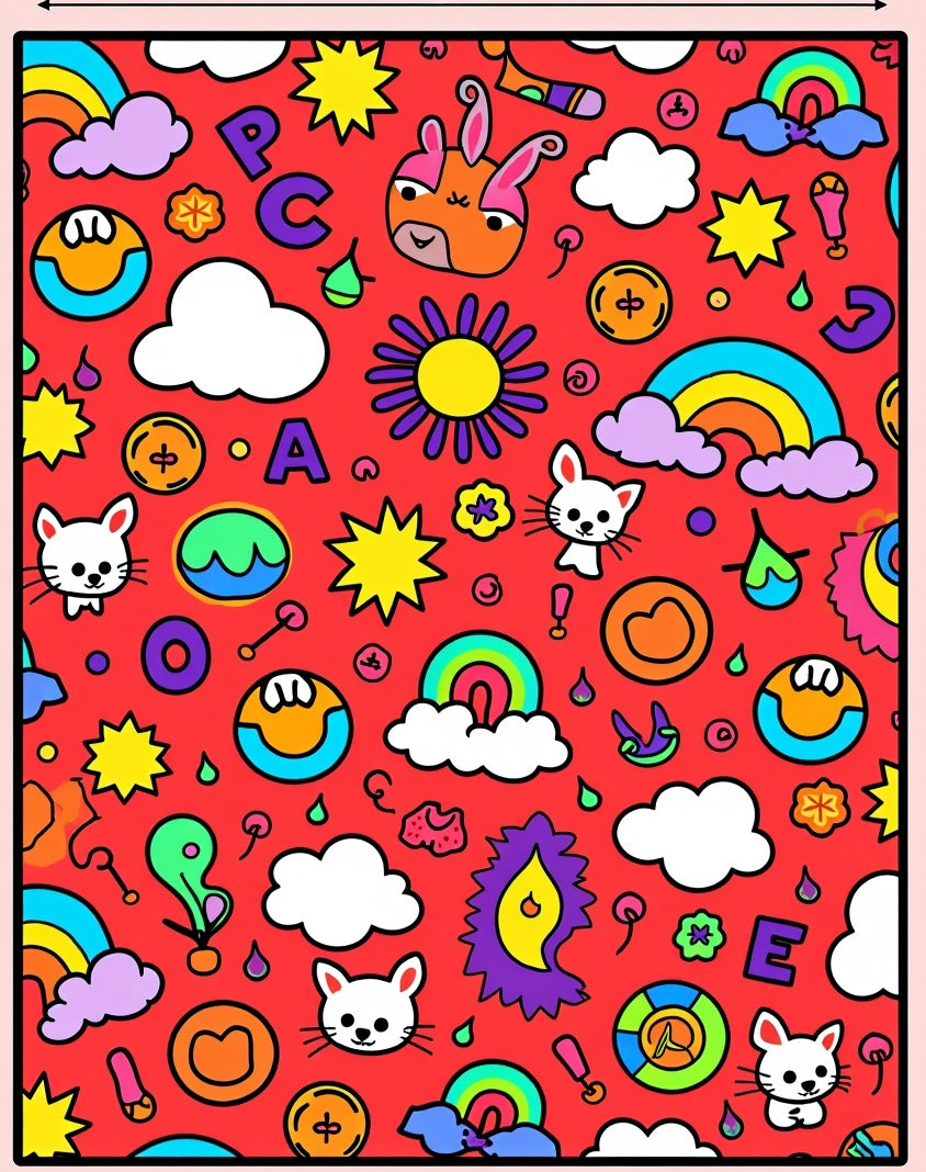 Whimsical Red Cartoon Friends Rainbow Rug