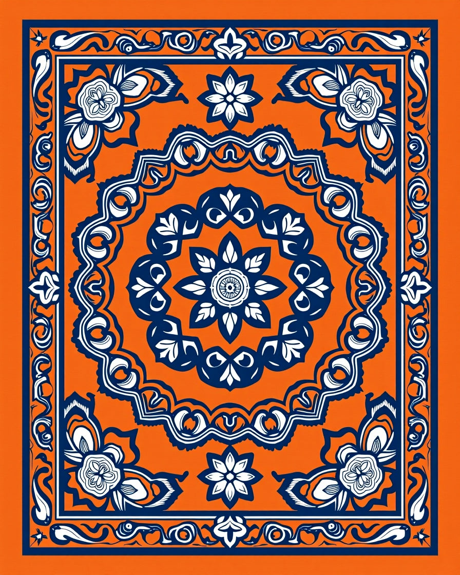 Orange Navy Floral Medallion Border Rug