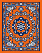 Orange Navy Floral Medallion Border Rug