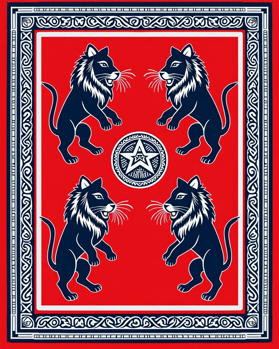 Bold Navy Lions Red Medallion Border Rug