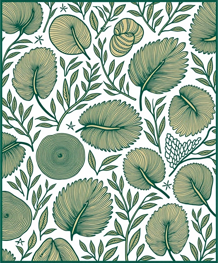 Green Fern and Shell Botanical Arrangement Rug