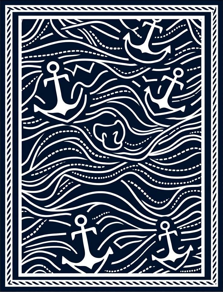 Dark Blue Nautical Anchor Waves Rug