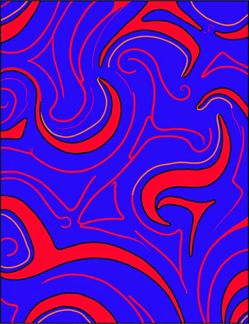 Vibrant Crimson Swirls on Blue Rug