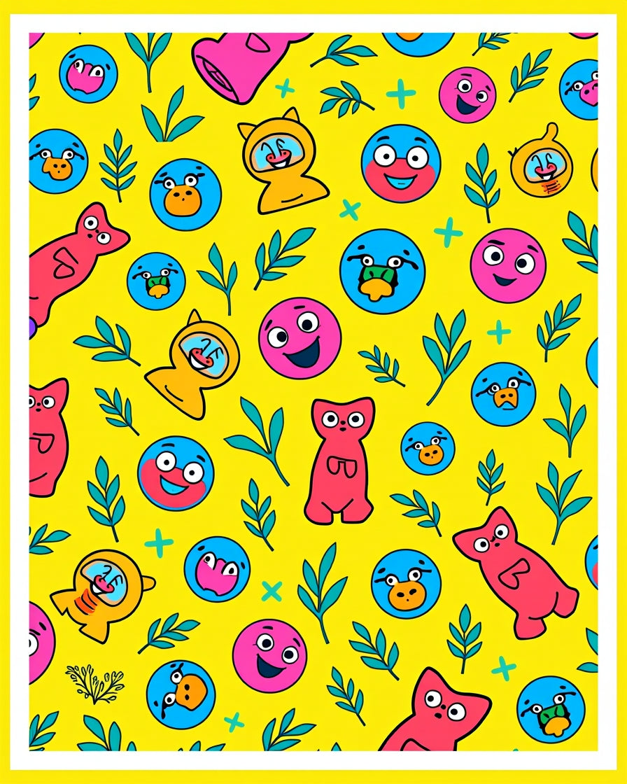 Vibrant Yellow Cartoon Character Collage Rug