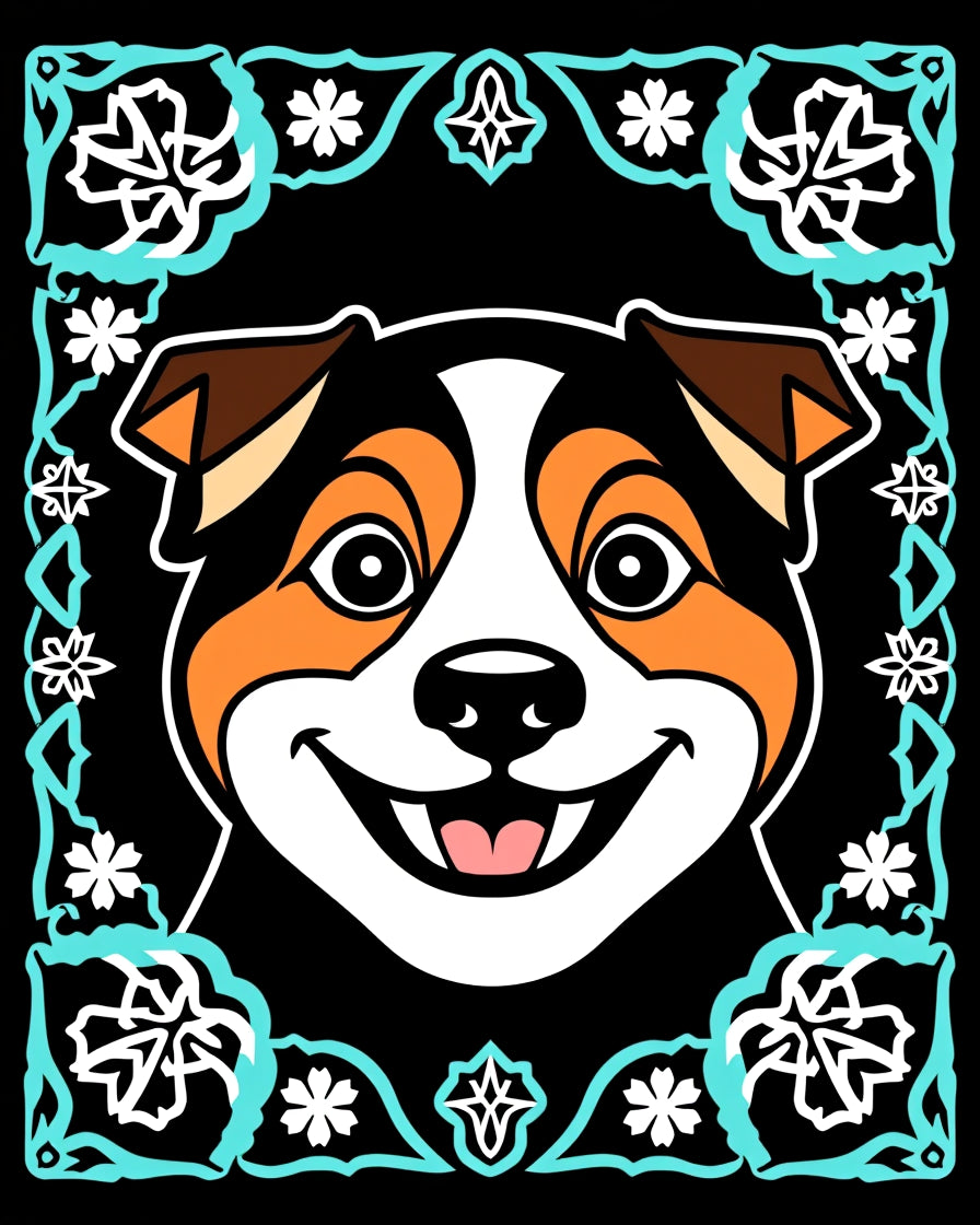 Charming Canine Portrait Teal Floral Frame Rug