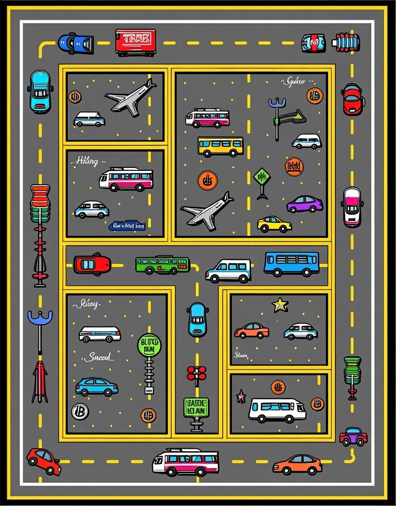 Whimsical Transportation Collage Rug