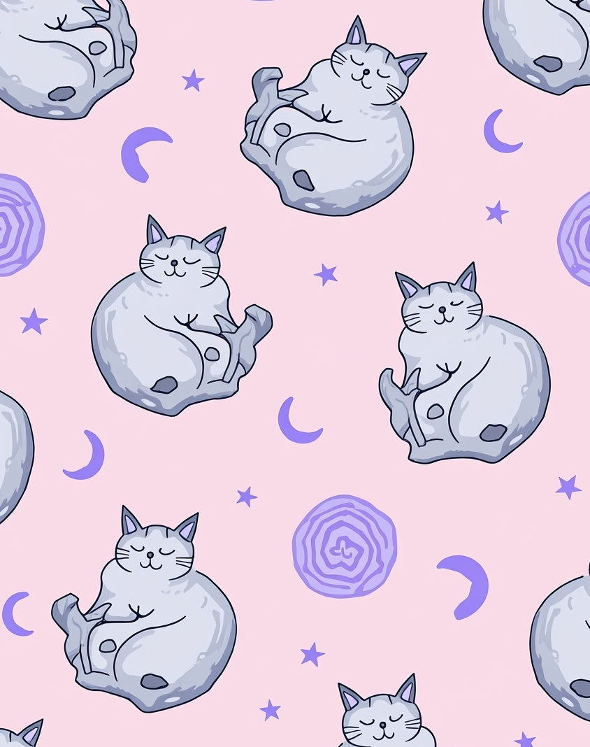 Whimsical Gray Sleeping Cat Stars Rug