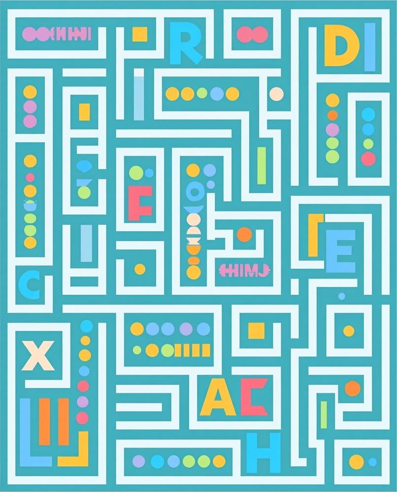 Playful Teal Maze Alphabet Blocks Rug