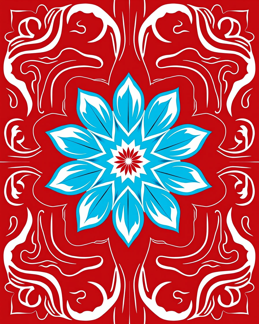 Red Blue Floral Medallion Swirl Rug