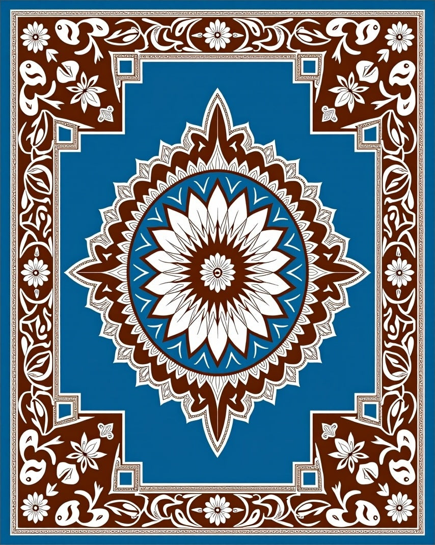 Blue Brown White Floral Mandala Rug